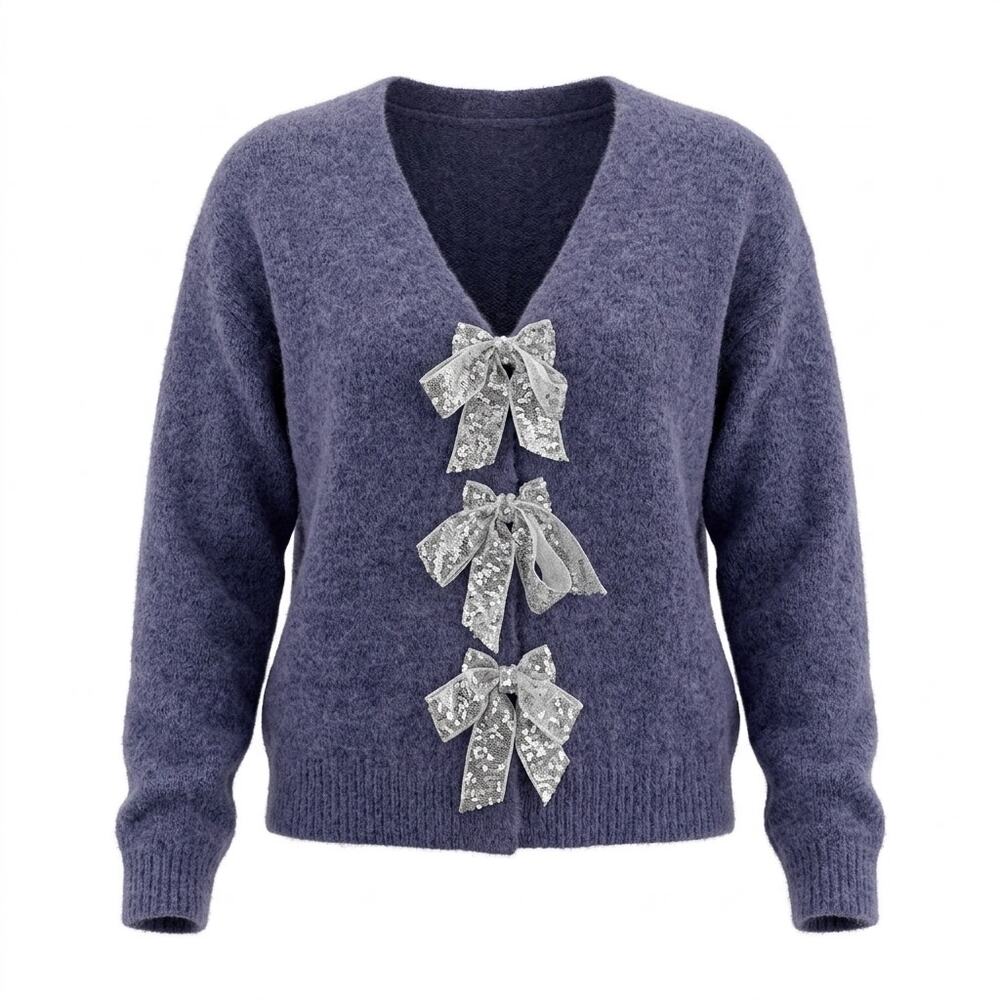 LA9 NWT Saukole Wool Blend Purple Heathered Sequin V-Neck  Sweater Women Size M